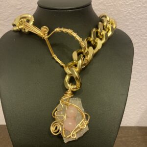 Cuban Link Choker With Rose Quartz Crystal Pendant